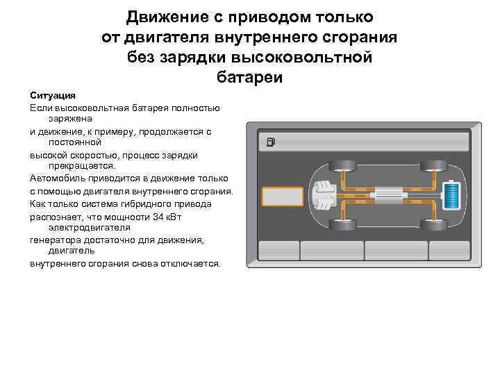Движение с приводом только от двигателя внутреннего сгорания без зарядки высоковольтной батареи Ситуация Если