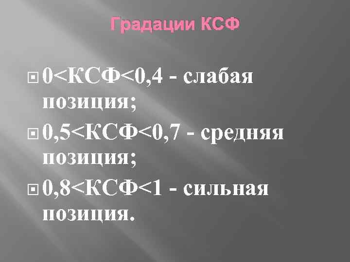 Градации КСФ 0<КСФ<0, 4 - слабая позиция; 0, 5<КСФ<0, 7 - средняя позиция; 0,