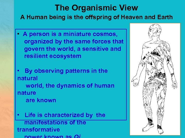 The Organismic View A Human being is the offspring of Heaven and Earth •