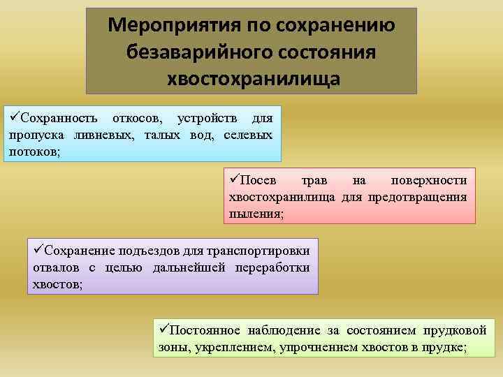 Мероприятия по сохранению безаварийного состояния хвостохранилища üСохранность откосов, устройств для пропуска ливневых, талых вод,