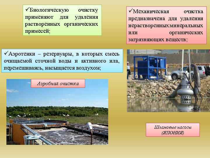 üБиологическую очистку применяют для удаления растворенных органических примесей; üМеханическая очистка предназначена для удаления нерастворенных
