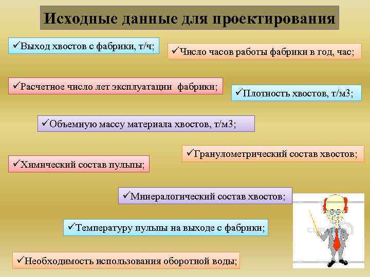 Исходные данные для проектирования üВыход хвостов с фабрики, т/ч; üЧисло часов работы фабрики в