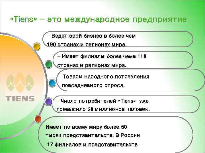 «Tiens» - это международное предприятие ― Ведет свой бизнес в более чем 190
