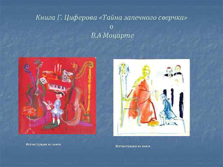 Книга Г. Циферова «Тайна запечного сверчка» о В. А Моцарте Иллюстрация из книги. 