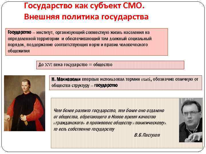 Государство как субъект СМО. Внешняя политика государства Государство – институт, организующий совместную жизнь населения