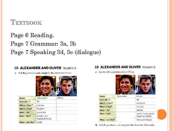 TEXTBOOK Page 6 Reading. Page 7 Grammar: 3 a, 3 b Page 7 Speaking