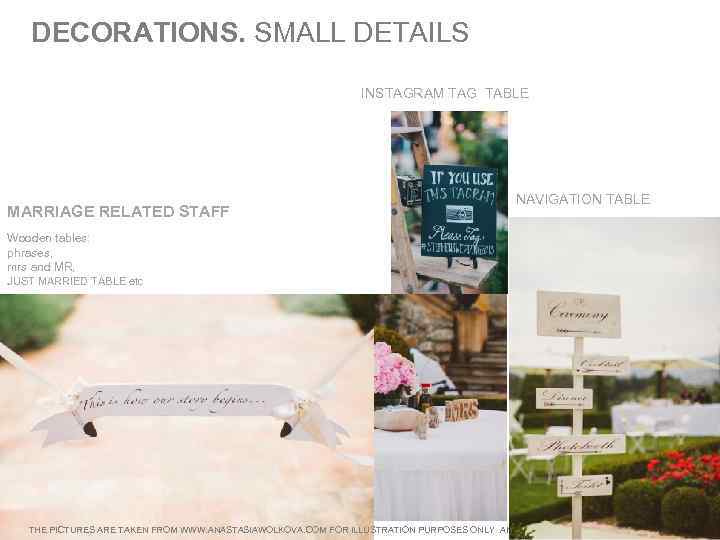 DECORATIONS. SMALL DETAILS INSTAGRAM TAG TABLE MARRIAGE RELATED STAFF NAVIGATION TABLE Wooden tables: phrases,