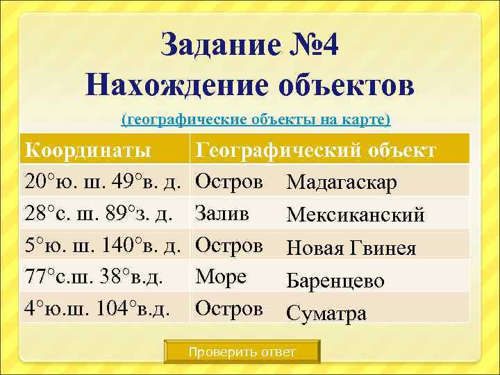 Задание № 4 Нахождение объектов (географические объекты на карте) Координаты 20°ю. ш. 49°в. д.