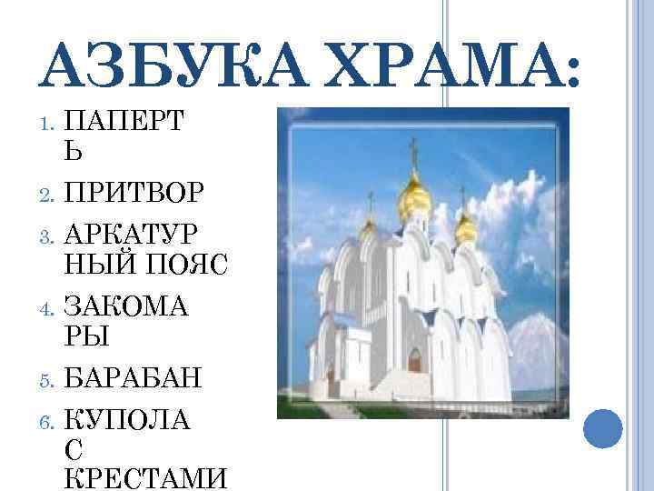 АЗБУКА ХРАМА: 1. ПАПЕРТ Ь 2. ПРИТВОР 3. АРКАТУР НЫЙ ПОЯС 4. ЗАКОМА РЫ