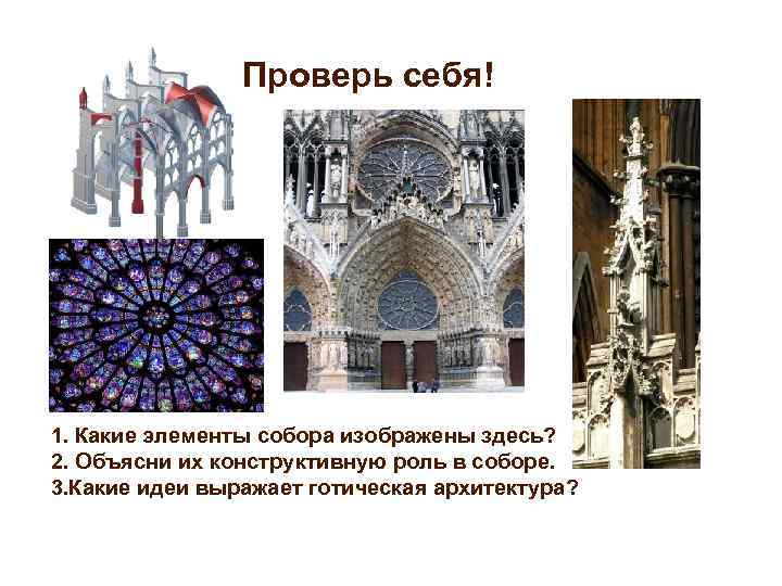 Проверь себя! 1. Какие элементы собора изображены здесь? 2. Объясни их конструктивную роль в