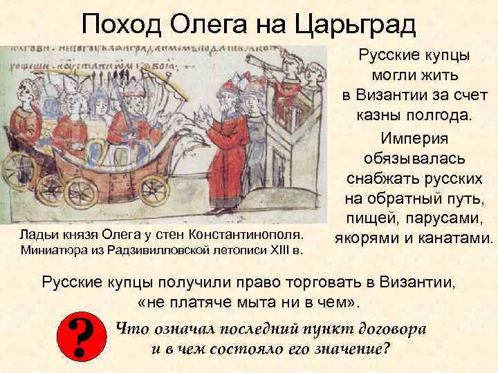 Поход Олега на Царьград Ладьи князя Олега у стен Константинополя. Миниатюра из Радзивилловской летописи