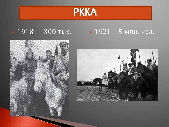 РККА 1918 - 300 тыс. 1921 – 5 млн. чел. 