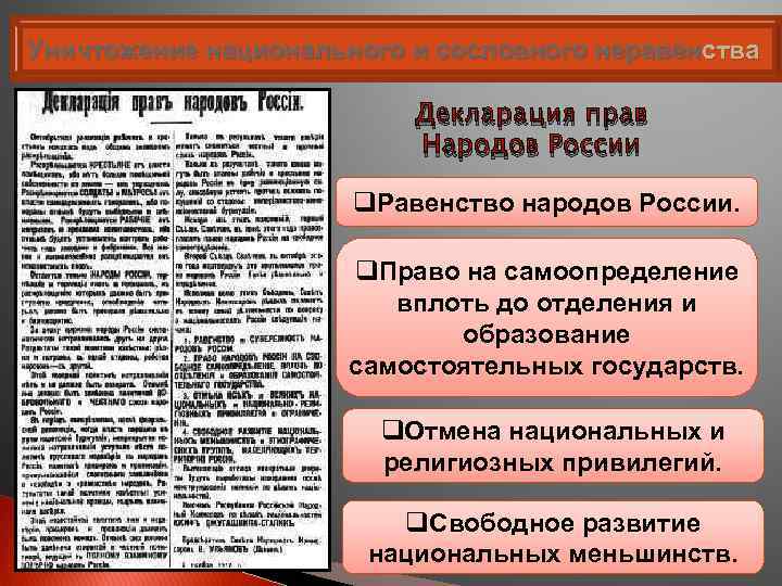 Уничтожение национального и сословного неравенства Декларация прав Народов России q. Равенство народов России. q.