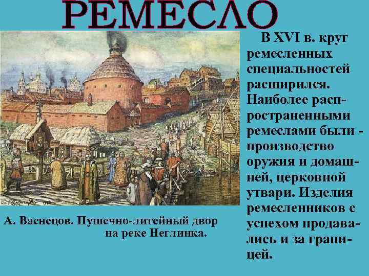 А. Васнецов. Пушечно-литейный двор на реке Неглинка. В XVI в. круг ремесленных специальностей расширился.