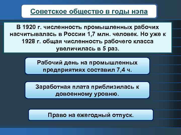 Советское общество в годы нэпа В 1920 г. численность промышленных рабочих насчитывалась в России