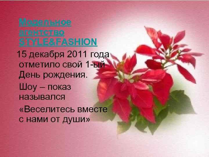 Модельное агентство STYLE&FASHION 15 декабря 2011 года отметило свой 1 -ый День рождения. Шоу