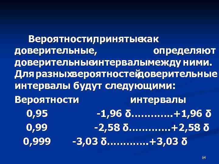 Вероятности, принятые как доверительные, определяют доверительные интервалымежду ними. Для разныхвероятностей доверительные интервалы будут следующими: