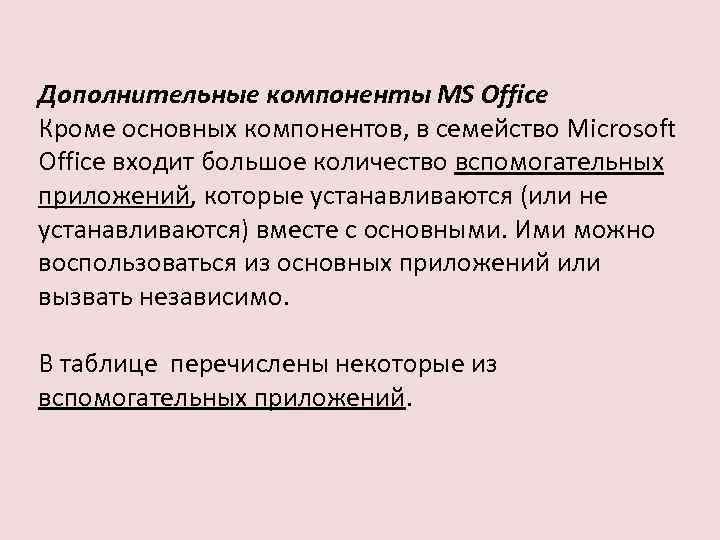 Дополнительные компоненты MS Office Кроме основных компонентов, в семейство Microsoft Office входит большое количество