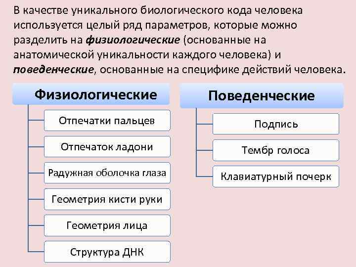 В качестве уникального биологического кода человека используется целый ряд параметров, которые можно разделить на