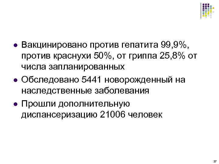 l l l Вакцинировано против гепатита 99, 9%, против краснухи 50%, от гриппа 25,