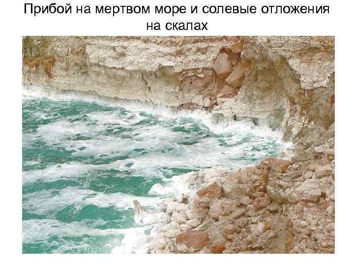 Прибой на мертвом море и солевые отложения на скалах 