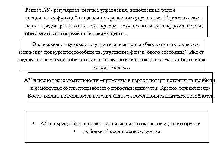 Раннее АУ- регулярная система управления, дополненная рядом специальных функций и задач антикризисного управления. Стратегическая