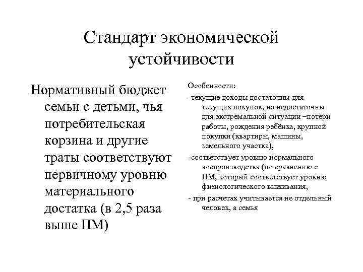 Стандарт экономической устойчивости Нормативный бюджет семьи с детьми, чья потребительская корзина и другие траты