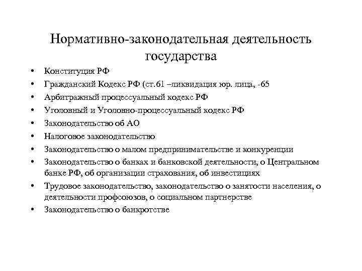 Нормативно-законодательная деятельность государства • • • Конституция РФ Гражданский Кодекс РФ (ст. 61 –ликвидация