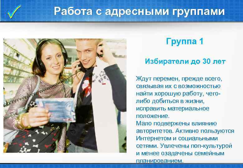  Работа с адресными группами Группа 1 Избиратели до 30 лет Ждут перемен, прежде