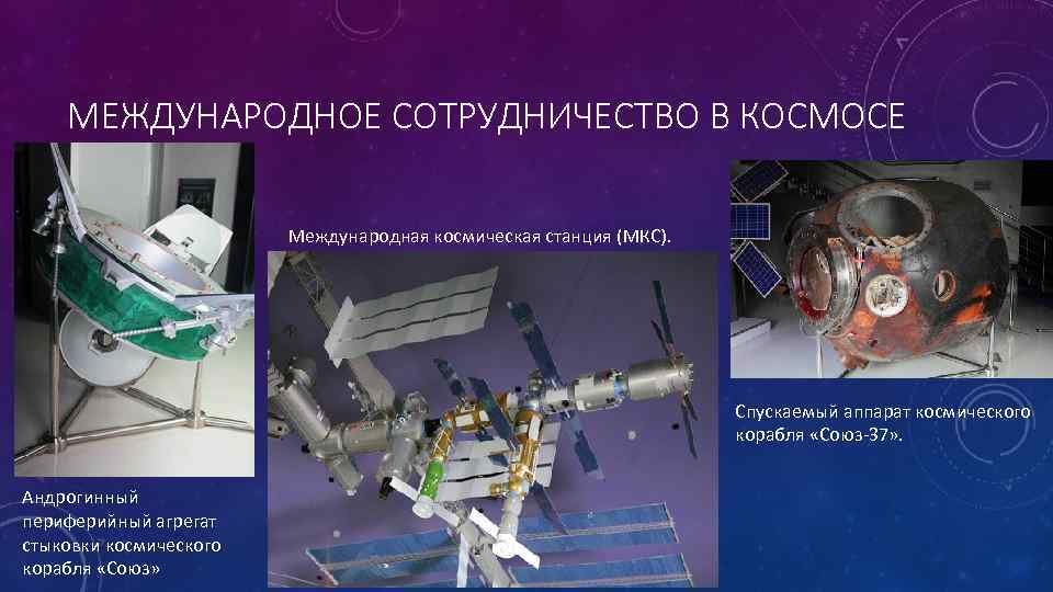 МЕЖДУНАРОДНОЕ СОТРУДНИЧЕСТВО В КОСМОСЕ Международная космическая станция (МКС). Спускаемый аппарат космического корабля «Союз-37» .