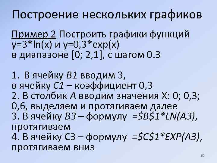 Построение нескольких графиков Пример 2 Построить графики функций y=3*ln(x) и y=0, 3*exp(x) в диапазоне