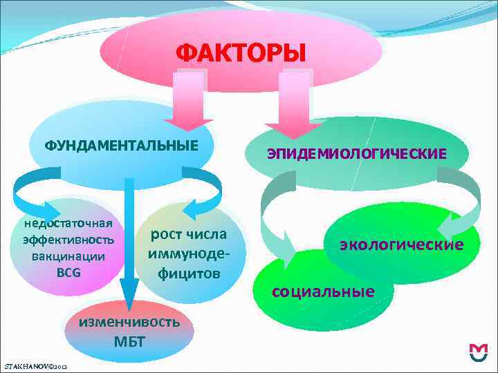 ФАКТОРЫ ФУНДАМЕНТАЛЬНЫЕ недостаточная эффективность вакцинации BCG рост числа иммунодефицитов изменчивость МБТ STAKHANOV© 2012 ЭПИДЕМИОЛОГИЧЕСКИЕ