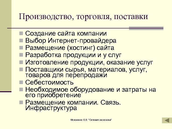 Производство, торговля, поставки Создание сайта компании Выбор Интернет-провайдера Размещение (хостинг) сайта Разработка продукции и