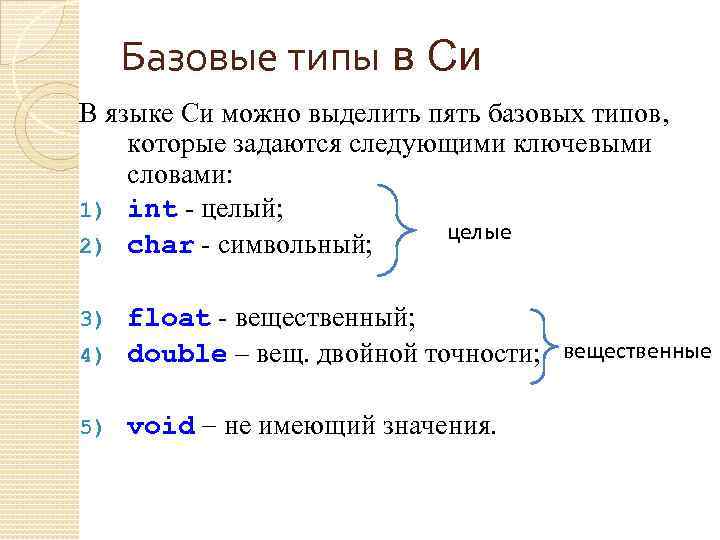 Базовые типы в Си В языке Си можно выделить пять базовых типов, которые задаются