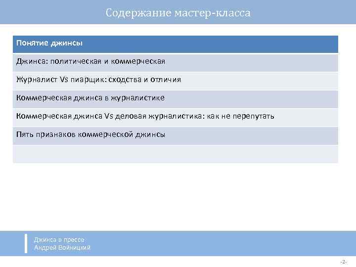 Содержание мастер-класса Понятие джинсы Джинса: политическая и коммерческая Журналист Vs пиарщик: сходства и отличия