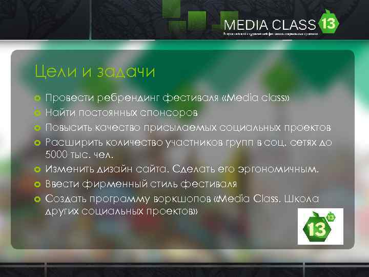 Цели и задачи Провести ребрендинг фестиваля «Media class» Найти постоянных спонсоров Повысить качество присылаемых