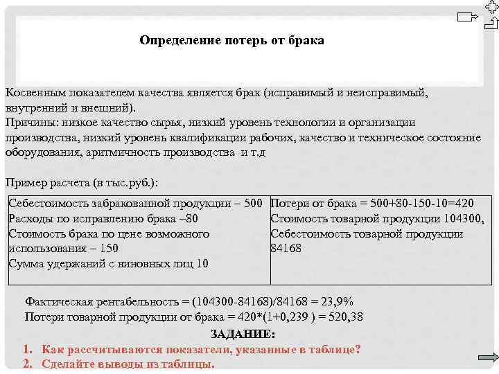 Определение потерь от брака Косвенным показателем качества является брак (исправимый и неисправимый, внутренний и