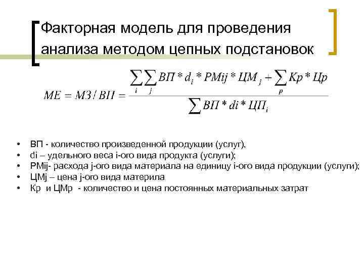 Факторная модель для проведения анализа методом цепных подстановок • • • ВП - количество