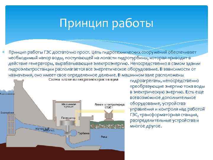 Принцип работы ГЭС достаточно прост. Цепь гидротехнических сооружений обеспечивает необходимый напор воды, поступающей на