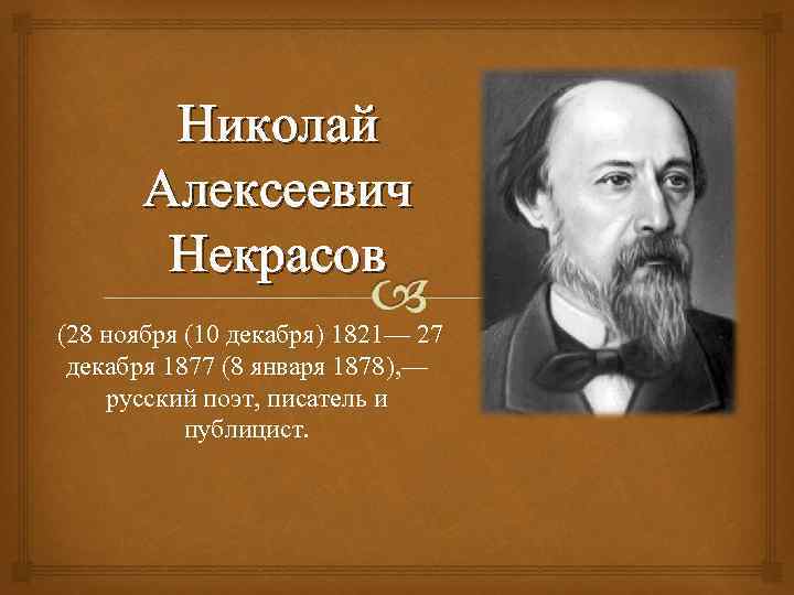 Николай Алексеевич Некрасов (28 ноября (10 декабря) 1821— 27 декабря 1877 (8 января 1878),