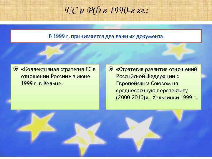 ЕС и РФ в 1990 -е гг. : В 1999 г. принимается два важных