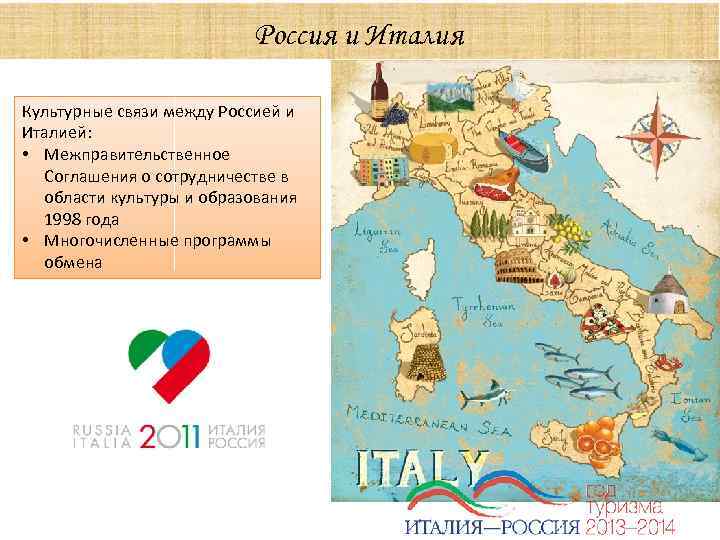 Россия и Италия Культурные связи между Россией и Италией: • Межправительственное Соглашения о сотрудничестве