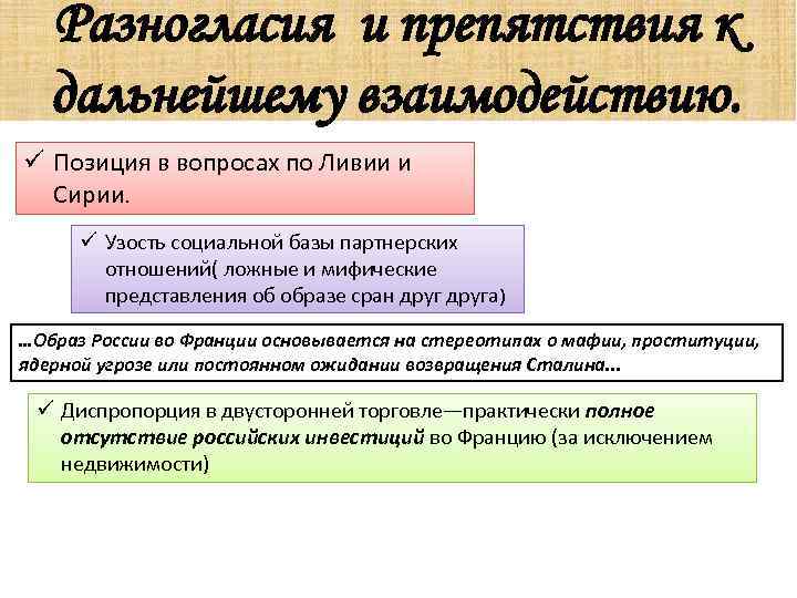 Разногласия и препятствия к дальнейшему взаимодействию. ü Позиция в вопросах по Ливии и Сирии.