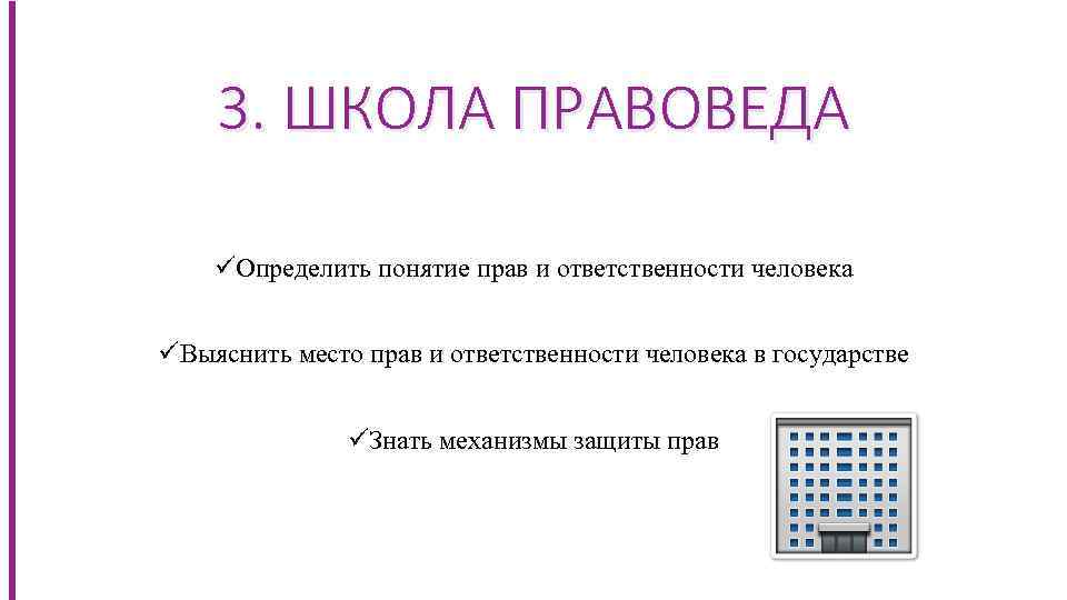 3. ШКОЛА ПРАВОВЕДА üОпределить понятие прав и ответственности человека üВыяснить место прав и ответственности