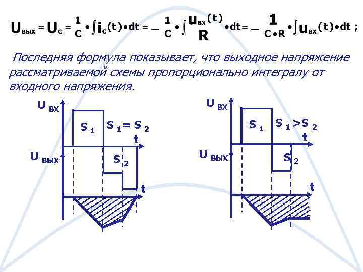 Последняя формула показывает, что выходное напряжение рассматриваемой схемы пропорционально интегралу от входного напряжения. U