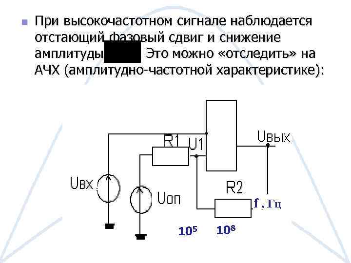 n При высокочастотном сигнале наблюдается отстающий фазовый сдвиг и снижение амплитуды. Это можно «отследить»