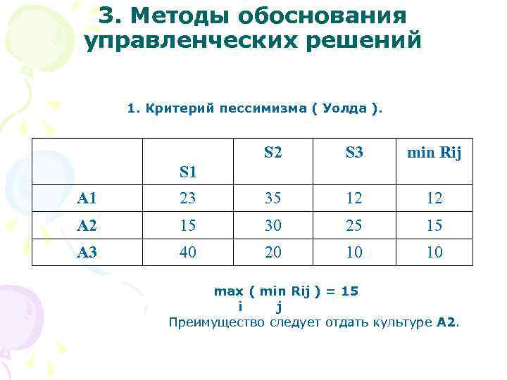 3. Методы обоснования управленческих решений 1. Критерий пессимизма ( Уолда ). S 2 S