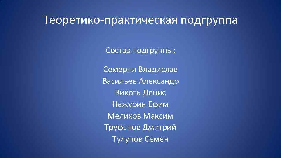 Теоретико-практическая подгруппа Состав подгруппы: Семерня Владислав Васильев Александр Кикоть Денис Нежурин Ефим Мелихов Максим