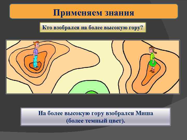 Применяем знания Кто взобрался на более высокую гору? На более высокую гору взобрался Миша