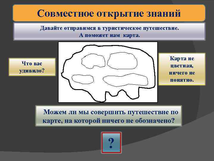 Совместное открытие знаний Давайте отправимся в туристическое путешествие. А поможет нам карта. Карта не